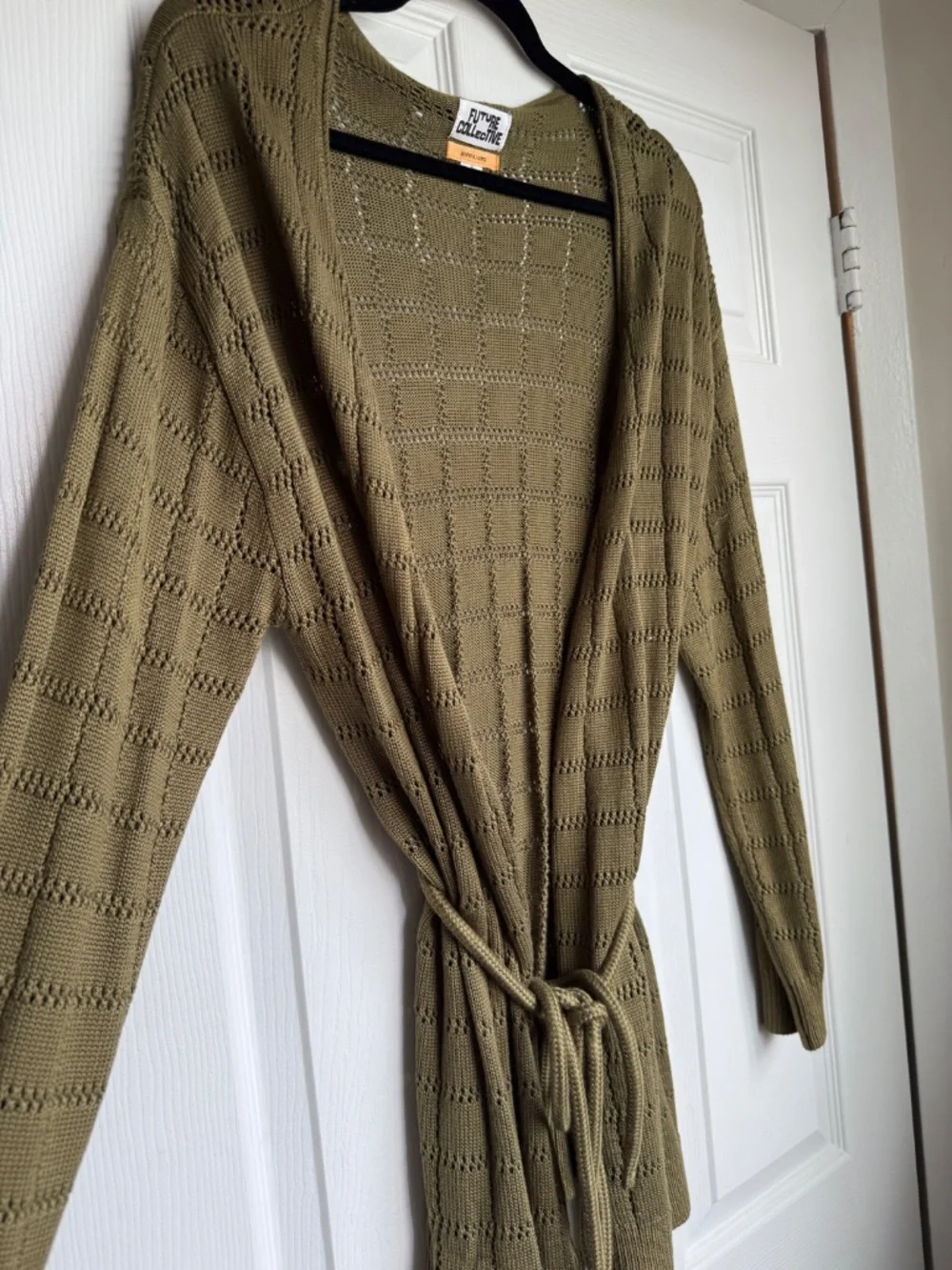 Future Collective Olive Green Pointelle Knit Belted Cardigan Sweater Size S